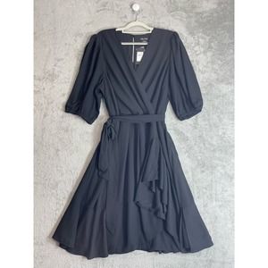 City Chic Black Faux Wrap Tie Belt 3/4 Sleeve Ruffled A-Line Dress Size 18 NWT